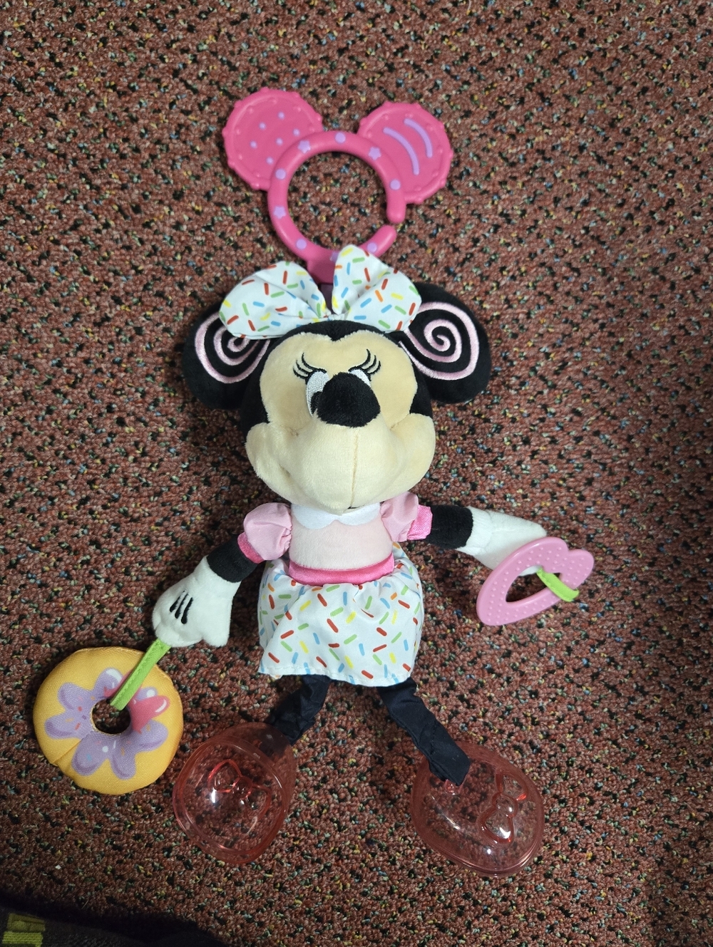 Pink Minnie Mouse Plush Teether Toy with Rattle and Ring